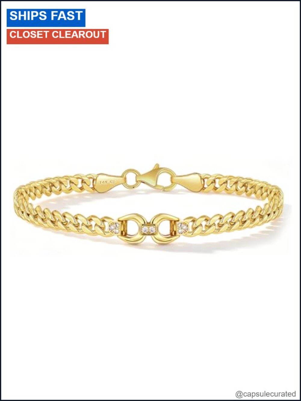 14K Gold Plated Cuban Link Bracelet Double Horseshoe Charm CZ Accent